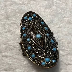 VTG Faux Turquoise Colored Gemstone Gold Tone Elastic Band Oval Ring